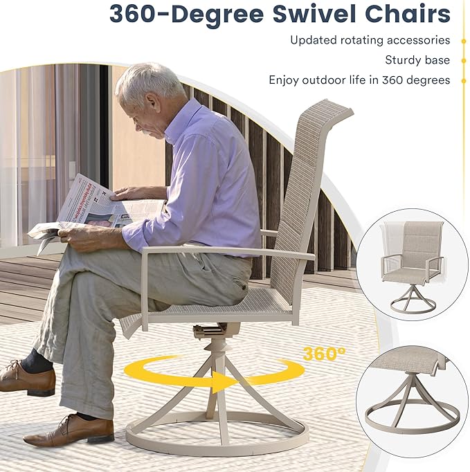 VICLLAX Patio Dining Set for 6, 6 Seats Outdoor Furniture Includes 53.1" Round Patio Table and Swivel Padded Chairs, Sandshell Color Tabletop and Fabric