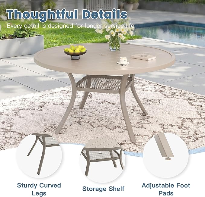 DIFY 7 Pieces Outdoor Patio Dining Set for 6, 47.2" Sandshell Round Dining Table and 6 Sandshell Stackable Sling Dining Chairs, Metal Outdoor Table and Chairs for Lawn Garden Backyard Deck