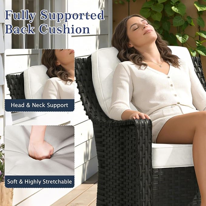 3 Pieces Patio Rocking Chairs, 2 High Back Rattan Furniture Set and Side Table, Outdoor PE Wicker Furniture Set, All Weather Patio Set with Waterproof Cushion for Porch and Deck