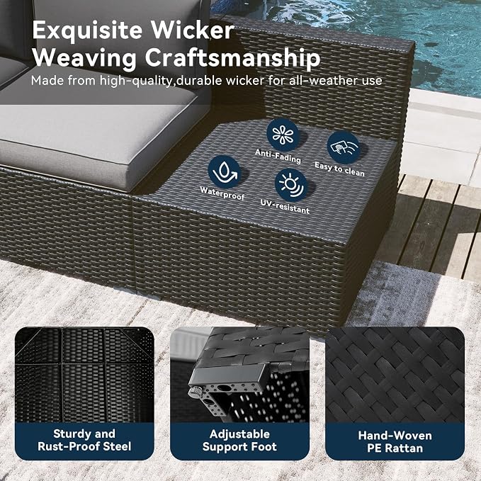 LazySunsets 7 Piece Outdoor Patio Furniture Set with Coffee Table, Outdoor Patio Furniture Sets with 4'' Thicken Cushion, Wicker Rattan Outdoor Conversation Set for Backyard, Light Grey