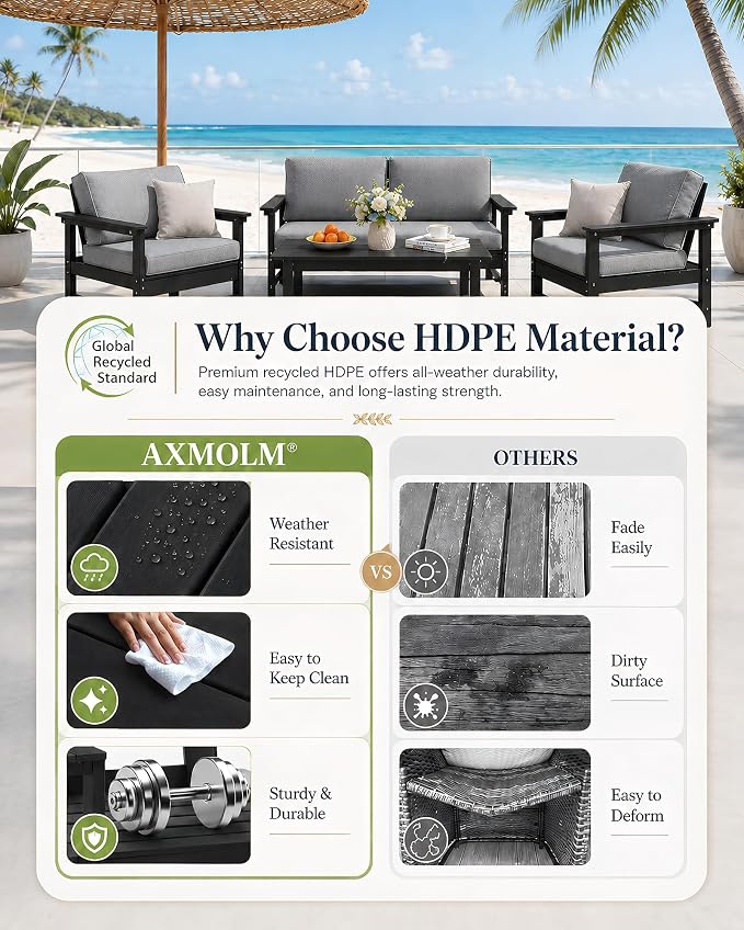 HDPE Outdoor Patio Bistro Set with Cushions, 3 Piece Patio Conversation Set Sofa Set,All Weather Outdoor Couch Set with Coffee Table for Lawn, Garden, Deck