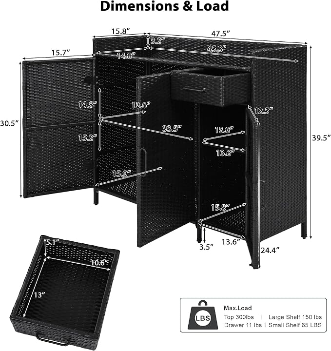 LUMISOL Patio Rattan Bar Table with Adjustable Shelf and Drawer, Outdoor Storage Cabinet with Tempered Glass Desktop, Weather-Proof, Wicker Bar Table with 3 Doors for Outdoor Garden, Black