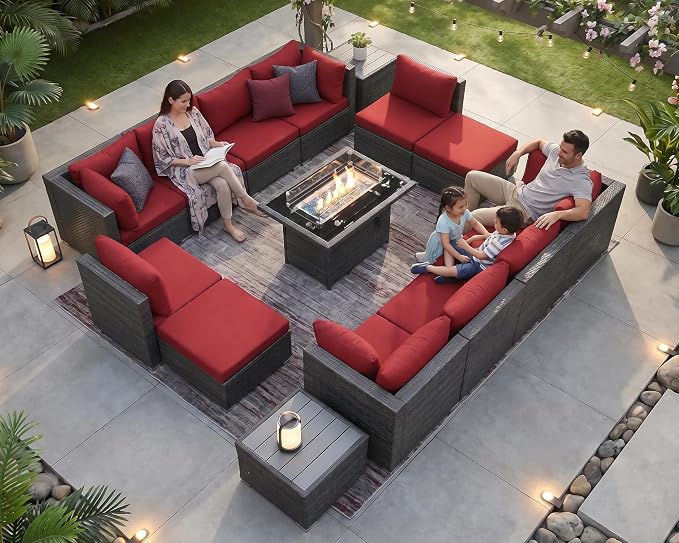 NICESOUL 15 Piece Outdoor Sectional with Fire Pit Table, Modern Luxury Patio Deep Seating w/Firepit, 29.3'' High-Back Wicker Couch Thick, Big High-Weight Capacity Sofa for Terrace, Yard, Gray & Red