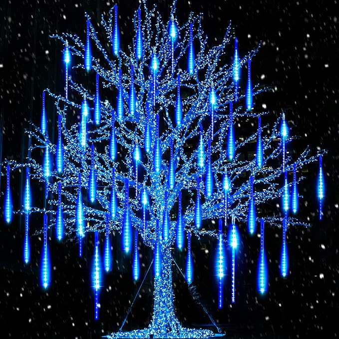 Meteor Shower Lights Outdoor, 16 Inches 16 Tubes 576 LED Icicle Lights, Waterproof Meteor Christmas Light Outdoor, Hanging Falling Rain Light for Tree Bushes Holiday Party Christmas Decor, Blue