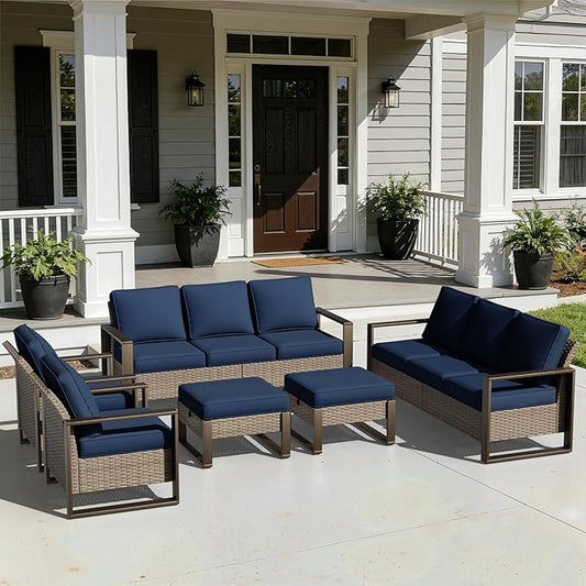 Joyside Outdoor Patio Chairs, 5 Pieces Wicker Rattan Furniture Set, 2 Patio Chairs, 2 Sofa and 2 Ottoman, Metal Wide Armrest, Thick Cushions and Deep Seating for Garden, Backyard, Porch, Deck