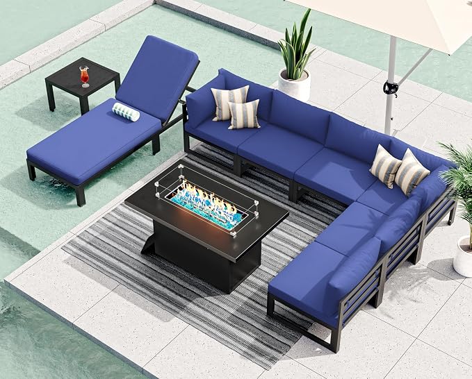 RADIATA 9 Pcs Oversized Contemporary Aluminum Patio Furniture Set, All Weather Modular Sectional Sofa with Tanning Chair & Fireplace, 500 lbs Heavy Duty Comfy Outdoor Couch for Beach Deck, Navy Blue