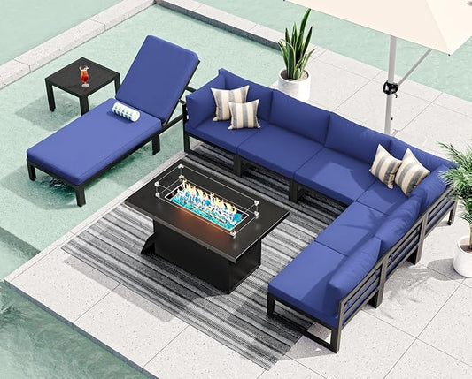 RADIATA 9 Pcs Oversized Contemporary Aluminum Patio Furniture Set, All Weather Modular Sectional Sofa with Tanning Chair & Fireplace, 500 lbs Heavy Duty Comfy Outdoor Couch for Beach Deck, Navy Blue