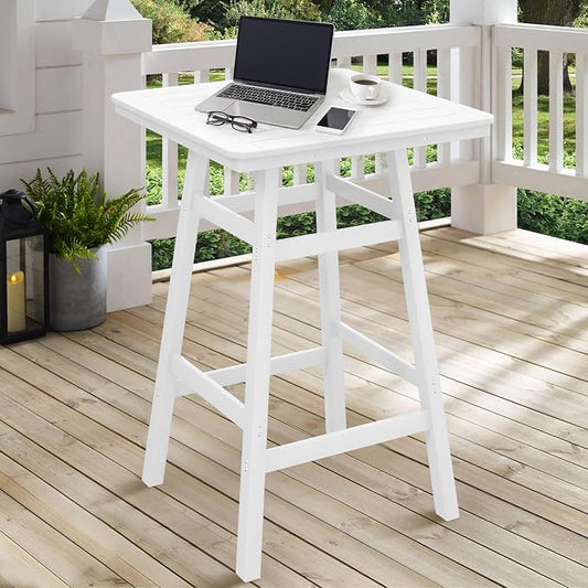 Costaelm Outdoor Bar Table, 42" Counter Height Square Patio Cocktail Bar Table with Umbrella Hole, Patio Bistro Dining Pub Table for Front Porch Deck Backyard Garden, White
