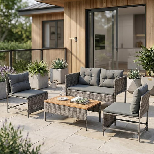 GIANGSUNNY 4 Piece Patio Furniture Set with Acacia Wood Table, Outdoor Hand-Woven Wicker Rattan Conversation Set, Weather-Resistant Seating for Patio, Balcony, Porch, Garden (Grey)
