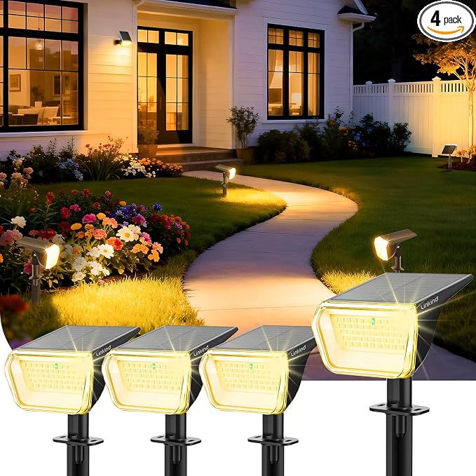 Linkind Solar Spot Lights Outdoor Waterproof Floodlight Warm White 4 Pack | Wide Beam, 60 LEDs, 800LM, 2 Lighting Modes, 3000K, Dusk to Dawn, for Landscape Garden Yard Patio Tree Flag Pathway Driveway