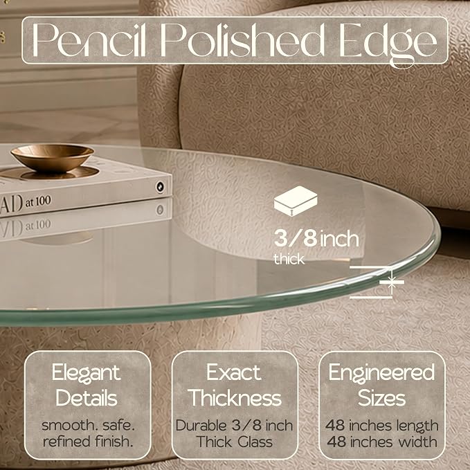 48-inch Round 3/8" Thick Pencil Polished Edge Glass Table Top with 6 Bumpers - Tempered, Scratch Resistant & Safety Replacement Glass Designed for Dining, Coffee, Patio & End Tables
