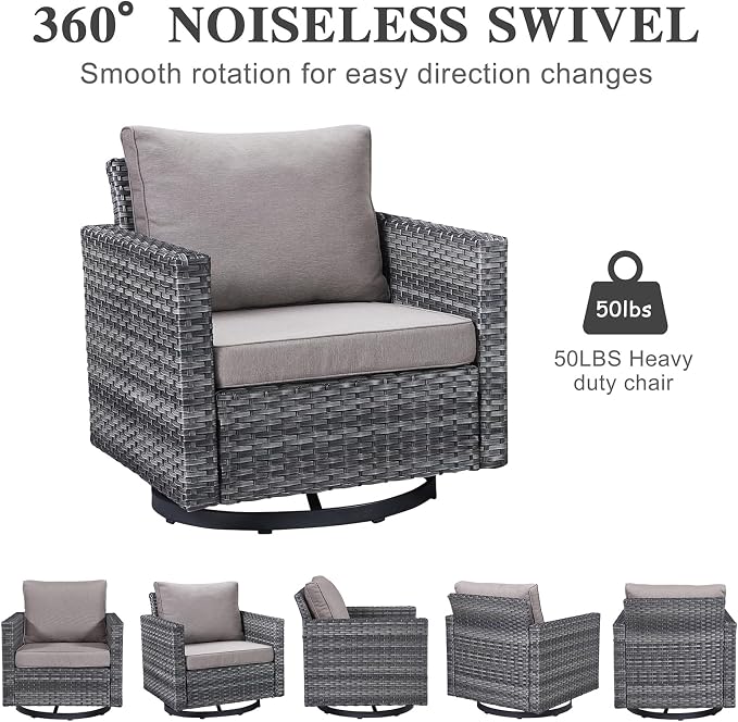 Belord 6 Piece Outdoor Furniture Patio Wicker Sofa Set, Oversize Outdoor Swivel Rocker Chairs with Rattan Ottomans, Conversation Sets Patio Furniture Come with Removable Washable Cushion Grey