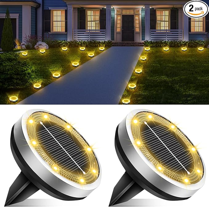 Solar Lights Outdoor Waterproof, 2 Pack 8 LED, Thickened Stainless Steel Ground Light, Solar Garden Lights Landscape Lighting for Patio Pathway Lawn Yard Deck Driveway Walkway, Warm White