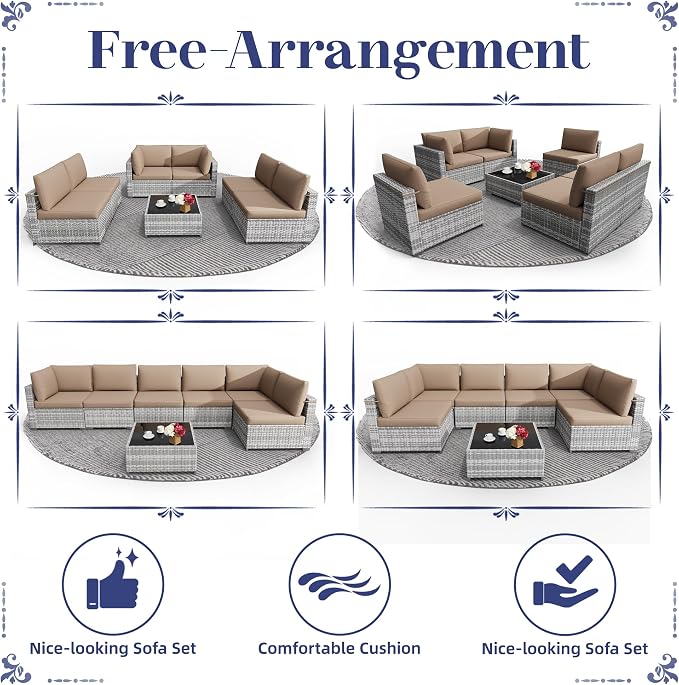 KIGOTY 7-Piece Patio Furniture Set, All-Weather PE Rattan Outdoor Sectional Sofa, Modular Wicker Conversation Set with Thick Cushions & Easy-Clean Coffee Table（Grey White/Camel）