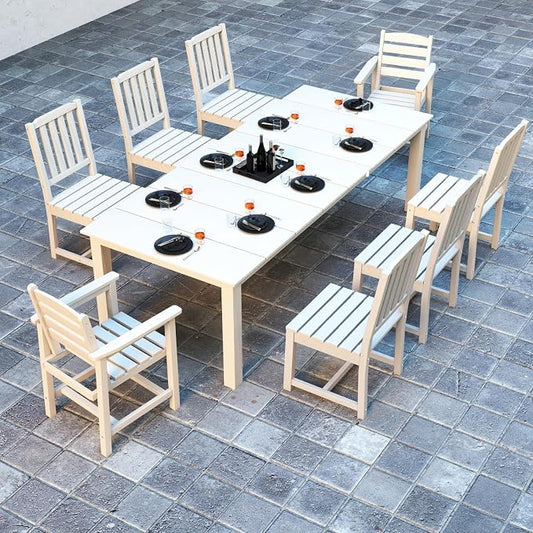 Kingdura 9 Piece Patio Dining Set for 8, HDPE Outdoor Table & Chairs with Umbrella Hole, All-Weather Outdoor Furniture Patio Conversation Set for Lawn Pool Backyard, White