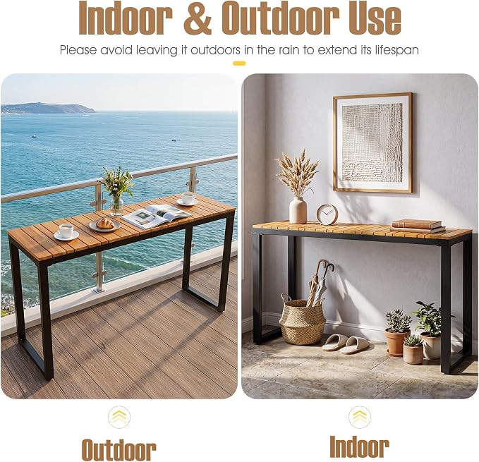 Tangkula Outdoor Console Table, Narrow Patio Dining Table with Acacia Wood Top & Metal Frame, Buffet Table for Small Space, Plant Stand for Deck Poolside Garden Entryway Porch, Natural
