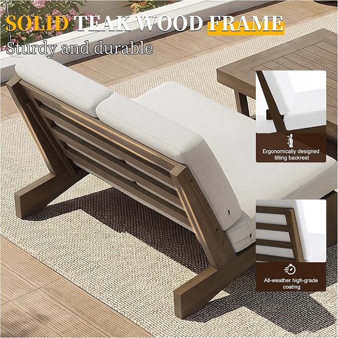 5 Pieces All Weather Wood Patio Furniture Sets, 2 Patio Loveseat, 2 Patio Bistro Chair, Outdoor Sectional Sofa Furniture Backyard Conversation Set with Coffee Table - Beige