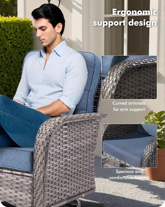CAODOC 5 Pieces Patio Furniture Set,Outdoor Furniture with Rockers, Rattan Conversation Sets w/Coffee Table, Grey Wicker Blue Cushion