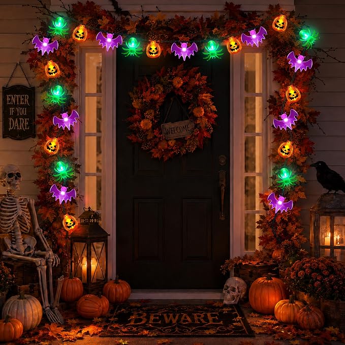 Mosoan [Timer] Halloween Lights 20Ft 30LED Battery Operated String Lights, Pumpkin Spider Bat Halloween Decorations Lights for Indoor Outdoor Party Home Yard Window Decor(Pumpkin Bat Spider)