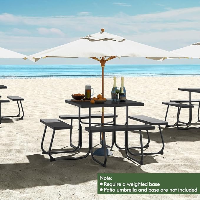 Square Picnic Table for 8 Person, Outside Table Bench Set w/ 4 Built-in Benches, Umbrella Hole, HDPE Top & Metal Frame, 2000LBS Capacity Outdoor Picnic Table for Garden, Porch, Patio (Black)