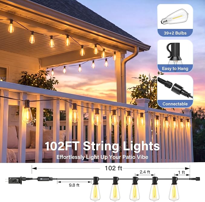 Guhope 102FT Outdoor String Lights with 39 ST38 Edison Bulbs 2200k | IP45 Waterproof Shatterproof Patio Lights Dimmable Hanging Connectable 24V Lights for Porch Garden Backyard Gazebo