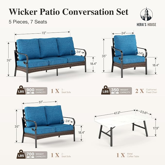 HERA'S HOUSE 5 Piece Metal Patio Furniture Set, 7 Seats All Weather Outdoor Conversation Set, 3 Seat Sofa with Loveseat, 2 Fixed Chairs, Coffee Table for Backyard, Garden, Deck, Pacific Blue