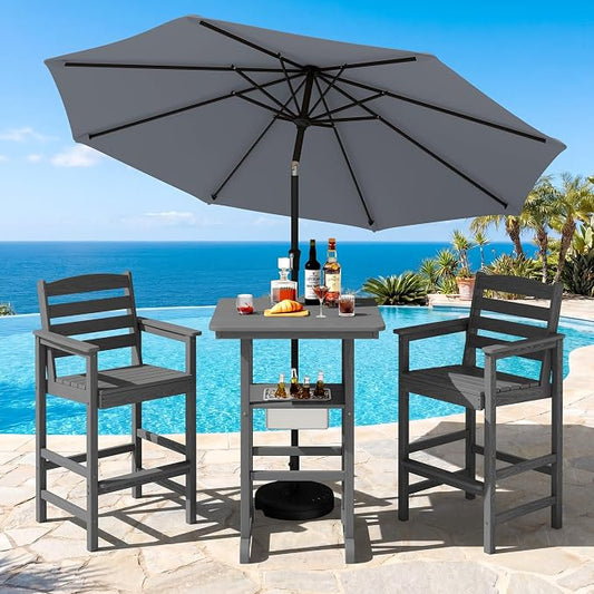 SERWALL Adirondack Bar Chairs and Table 3 Pieces Set with Umbrella, HDPE Bar Height Chairs Set of 2 and Bar Table with Ice Bucket, Outdoor Bar Stools Set for Balcony, Poolside, Backyard, Grey