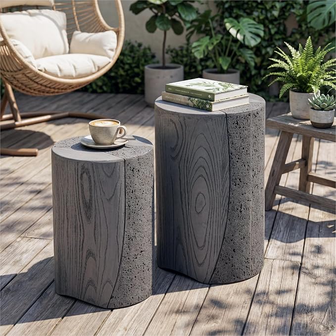HOMPUS Outdoor Side Table Set of 2, Concrete Nesting Table Round w Spotted & Faux Wooden Modern MgO End Table, Lightweight Functional Patio Accent Table for Garden, Deck, Poolside, Grey