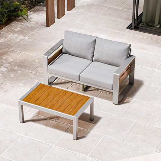 ZANDOR Aluminum Outdoor Patio Furniture Set with Coffee Table, 2 Seats Patio Conversation Sets with Washable Thick Cushions, Outdoor Sectional for Porch, Backyard, Deck, Garden & Poolside, Silver