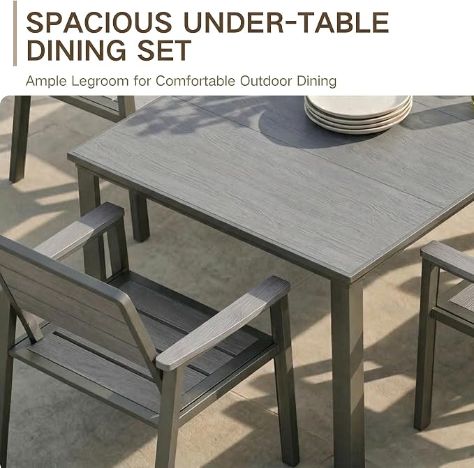 Kingdura 7 Piece Patio Dining Set for 6, HDPE & Metal Outdoor Table & Chairs with Umbrella Hole, All-Weather Outdoor Furniture Patio Conversation Set for Lawn Pool Backyard, Grey