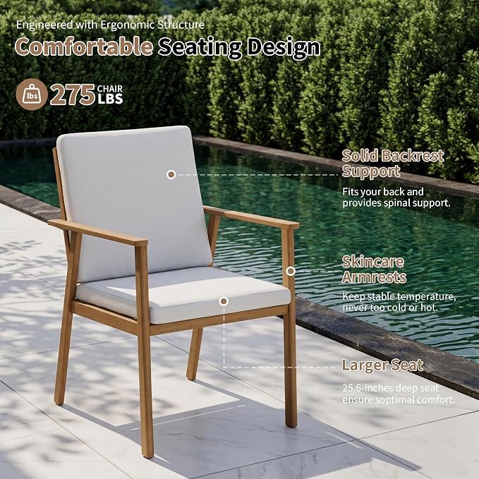 7-Piece Round Outdoor Dining Table Set, 51" All-Aluminum Round Outdoor Table with 6 Chairs, Rust-Resistant Faux Wood Grain Patio Table with Umbrella Hole for Garden, Backyard, Poolside, Teak
