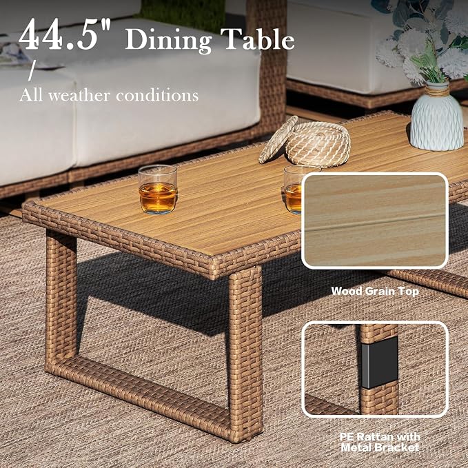 6 Pieces Outdoor Patio Furniture Set PE Rattan Weaving Sofa with 10 inch Thick Cushions and Steel Frame and Wooden Board Outdoor Conversation Set Beige Cushions for Porch Deck