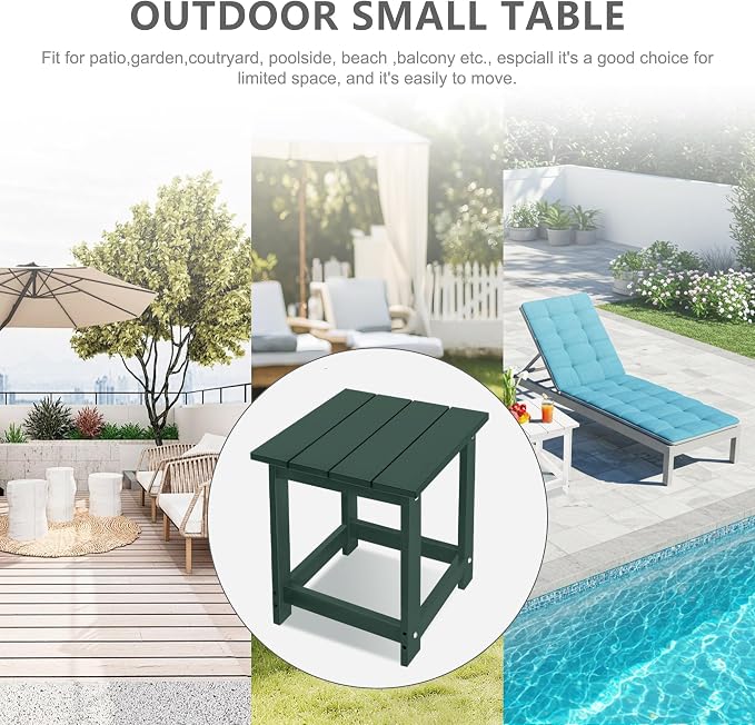 LZRS Patio End Table, Heavy Duty HDPE Outdoor Coffee Table with Wood Texture, Weatherproof Composite Table for Adirondack Chairs, Deck, Pool, Indoor/Outdoor, No Peeling or Cracking(Dark Green)