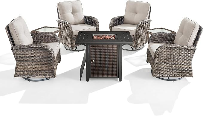 7 Piece Patio Furniture Set with Fire Pit Table - Wicker Patio Conversation Set with 4 Swivel Glider Chairs and 2 Tempered Glass Side Tables for Deck Backyard - Brown Wicker Beige Cushion