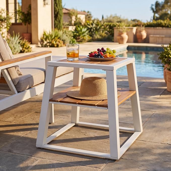 Christopher Knight Home Tova 2-Tier Acacia Wood Outdoor Side Table, Decorative Square Small Accent Table with Slatted Design, Weather Resistant Patio End Table with Iron Frame for Balcony, Teak+White
