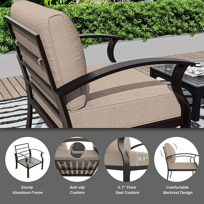 Gotland Aluminum Patio Furniture Set with Fire Pit Table, Metal Patio Furniture with 12 Seats Waterproof 5.1'' Seat Cushions, Oversized Outdoor Sectional Conversation Sets for Balcony Porch Khaki
