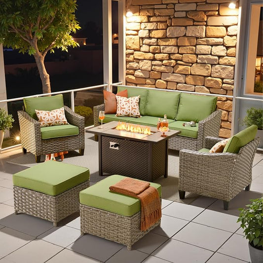 CAODOC Wicker Patio Furniture Set,7 Pieces Modern Outdoor Conversation Set Sectional Sofa with Cushion and Ottomans for Garden, Poolside, Backyard