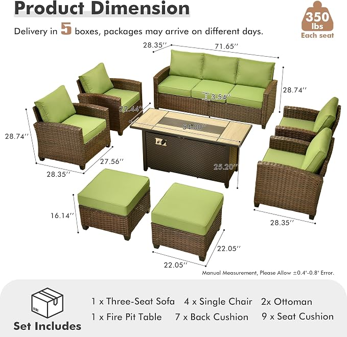 ovios 8 Pieces Patio Furniture Set, Outdoor Wicker Sofa Couch with 54" Fire Pit Table Comfy Cushions, All Weather Brown Rattan Conversation Set for Backyard Deck, Green
