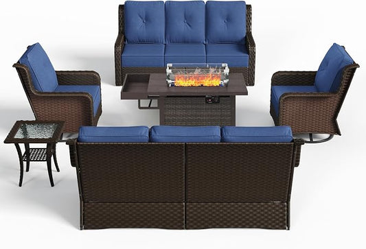 Sundale Outdoor Wicker Patio Furniture Set with Fire Pit, 6 Piece All Weather Outdoor Furniture Set with Swivel Chairs & Couch, High Back Patio Conversation Sets with 6" Cushions for Yard, Deck (Blue)