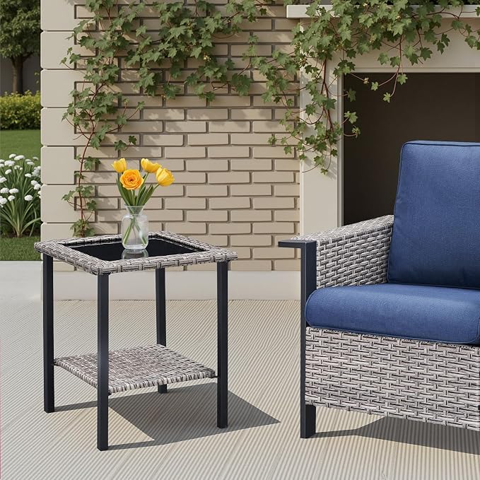 Patio Tables Wicker Side Table, Outdoor End Table with Storage Shelf, Patio Furniture Side Table for Sofa, Swivel Chairs, Garden, Balcony - Square/Grey