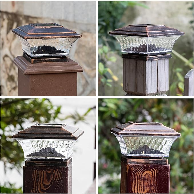 HUYIENO Solar Post Cap Lights Outdoor LED Lighting Deck Fence Cap Light Two Light Modes Warm White/Bright White Suitable for 4x4 Wooden Posts Brushed Copper 2PK