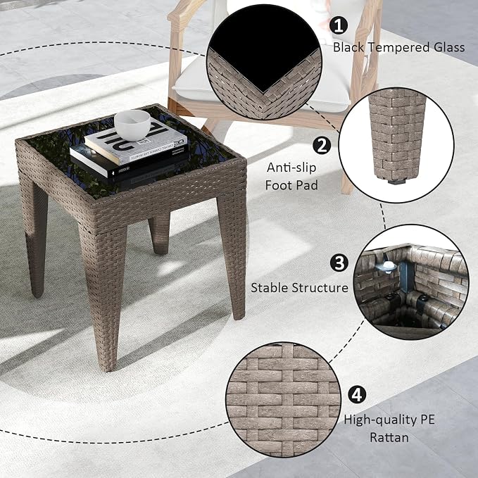 Kinfant Rattan Patio Side Table - Modern Wicker End Table, PE Rattan Coffee Table with Glass Top, Weather-Resistant Patio Furniture for Patio, Balcony, Garden, and Poolside (1, Rattan Sesan)