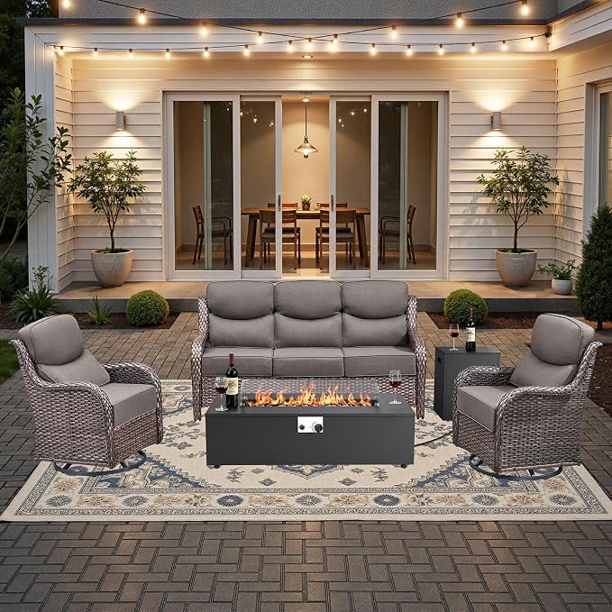 HUMMUH Luxury Patio Furniture Set 6-inch Thick Cushions High Back Swivel Rocker Chairs & 3 Seater-Couch & Steel Fire Pit Table 5 Pieces Outdoor Conversation Set for Porch,Deck,Backyard