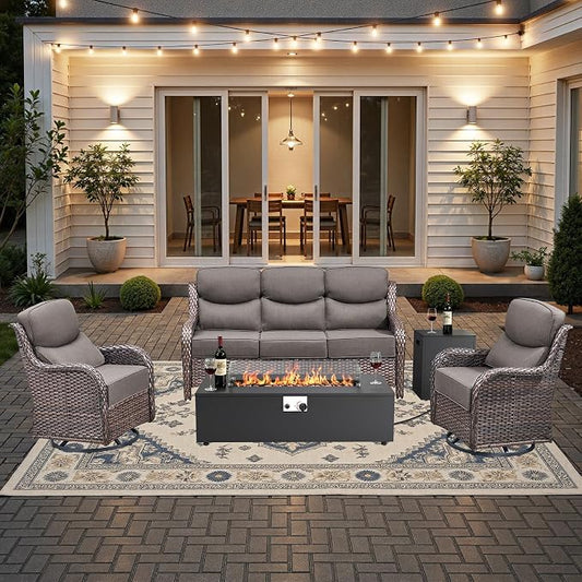 HUMMUH Luxury Patio Furniture Set 6-inch Thick Cushions High Back Swivel Rocker Chairs & 3 Seater-Couch & Steel Fire Pit Table 5 Pieces Outdoor Conversation Set for Porch,Deck,Backyard