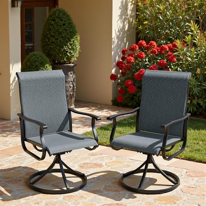 SUNCROWN Patio Swivel Rocker Dining Chairs Set of 2, All Weather High Back Textilene Outdoor Chairs with Sturdy Metal Frame, Swivel Rocking Patio Chairs for Backyard Lawn Garden Porch Deck, Dark Grey