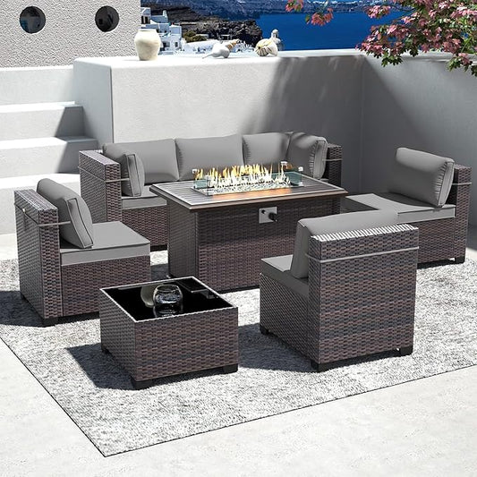 Outdoor Patio Furniture Set with Gas Fire Pit Table, 8 Pieces Patio Sectional Sofa, Outdoor Furniture Set w/43in Propane Fire Pit, PE Wicker Rattan Patio Conversation Sets (Grey)