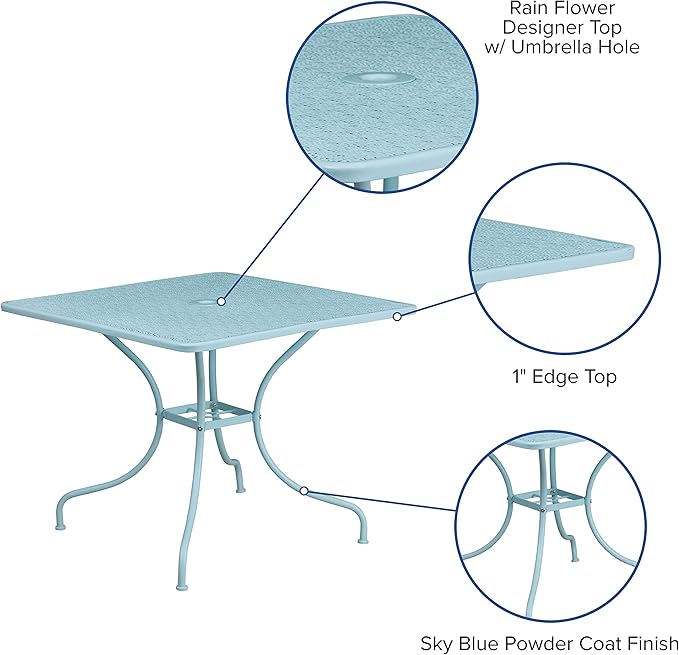 BizChair Commercial Grade 35.5" Square Sky Blue Indoor-Outdoor Steel Patio Table with Umbrella Hole