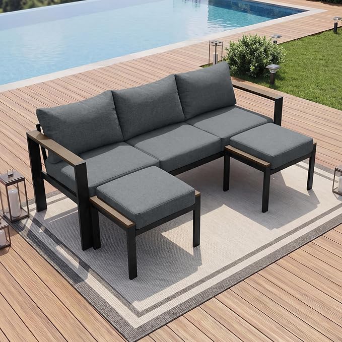 Outdoor Patio Furniture Set 3 Seats Sofa and Ottomans with Washable Thick Cushions, All-Weather Luxury Aluminum Modern Outside Sectional Set for Porch, Balcony, Deck, Yard, Gray