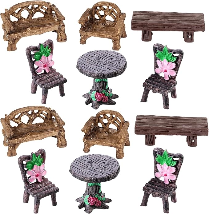 Skylety 12 Pieces Garden Furniture Ornaments Miniature Table and Chairs Set Village Micro Resin Bench Chair for Fairy Garden Accessories Home Micro Landscape Decor(Cute Style)