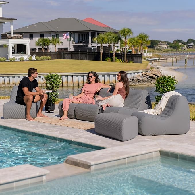 Big Joe Solvana Outdoor Sectional, 7 Piece Patio Furniture Set, Weather-Resistant Cool Touch Silicone Stitched Leather Sofa, Moonlit Gray